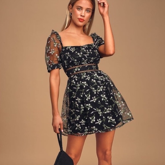 Lulus Dresses & Skirts - Lulus Radiant Love Black Floral Embroidered Short Sleeve Skater Dress Large NWT